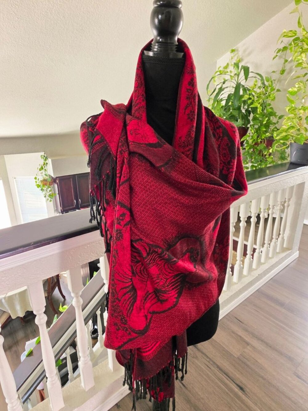 Buddha Pattern Red & Black Rayon Shawl Scarf Wrap With Fringe - 70" x 26" - Picture 11 of 12